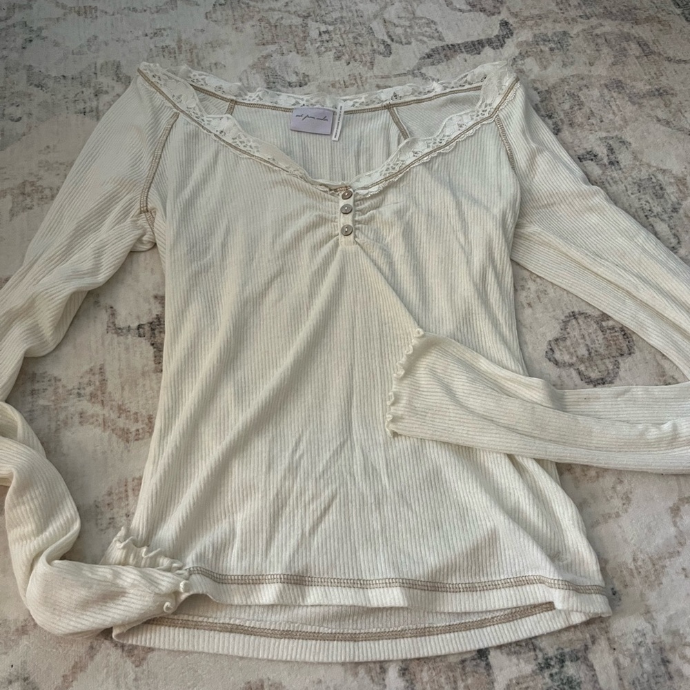 Urban Outfitters Cream Ribbed Long Sleeve Blouse